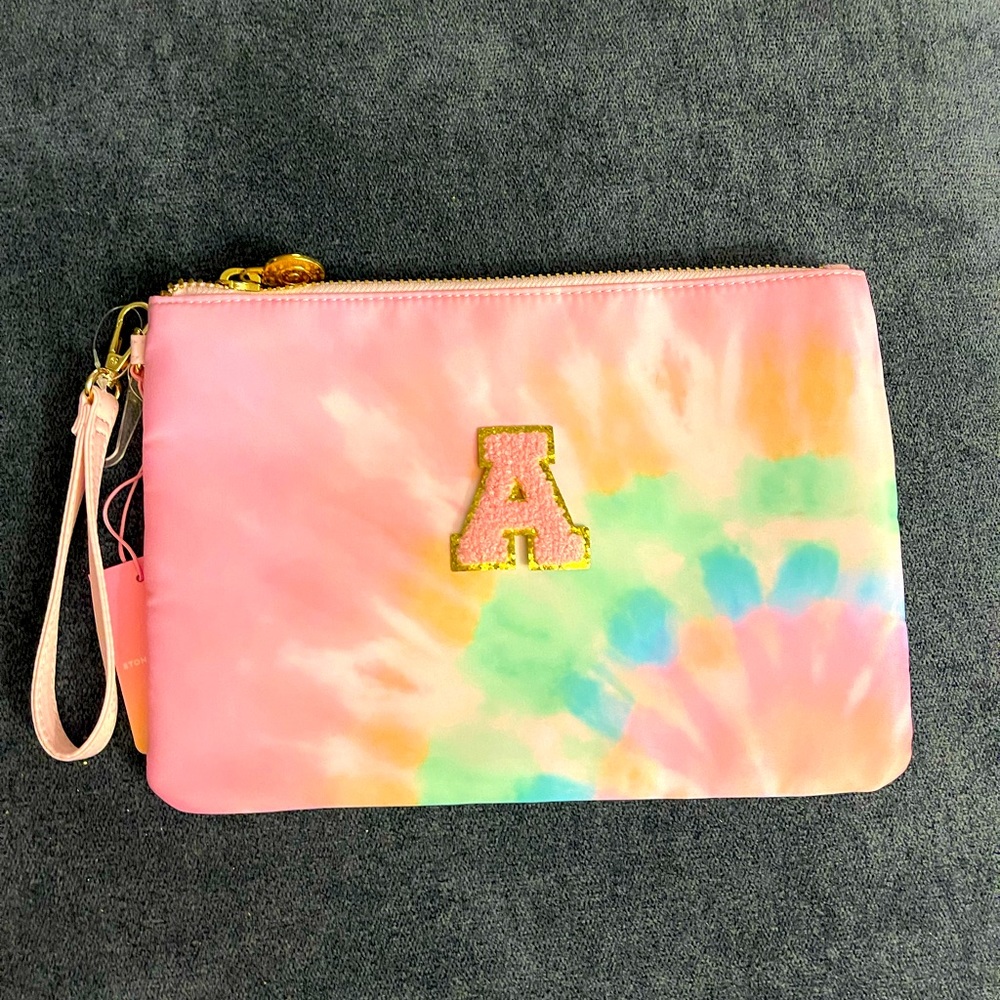 Initial A Stoney clover lane rainbow wristlet pouch with pink and gold patch